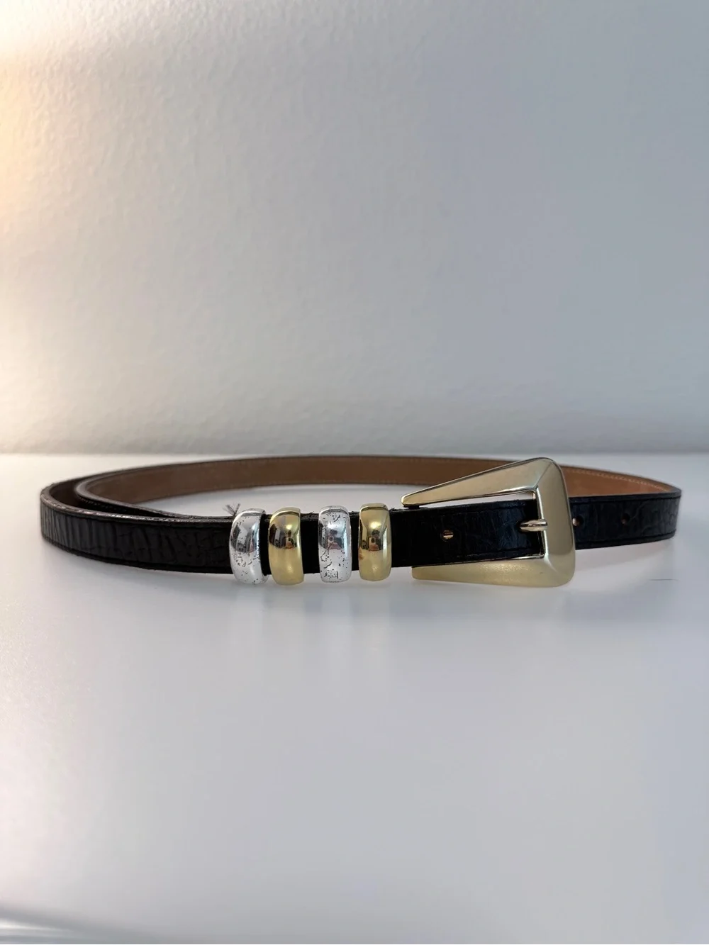 Streets Ahead Black Leather Belt Mixed Metal Buckle Size M Made in USA